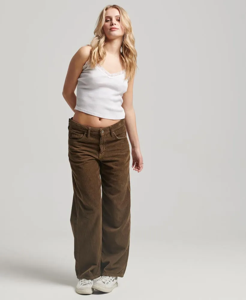 Mid rise wide leg corduroy pants, dark khaki.