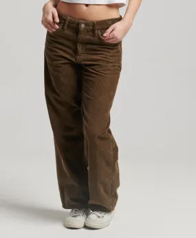 Mid rise wide leg corduroy pants, dark khaki.