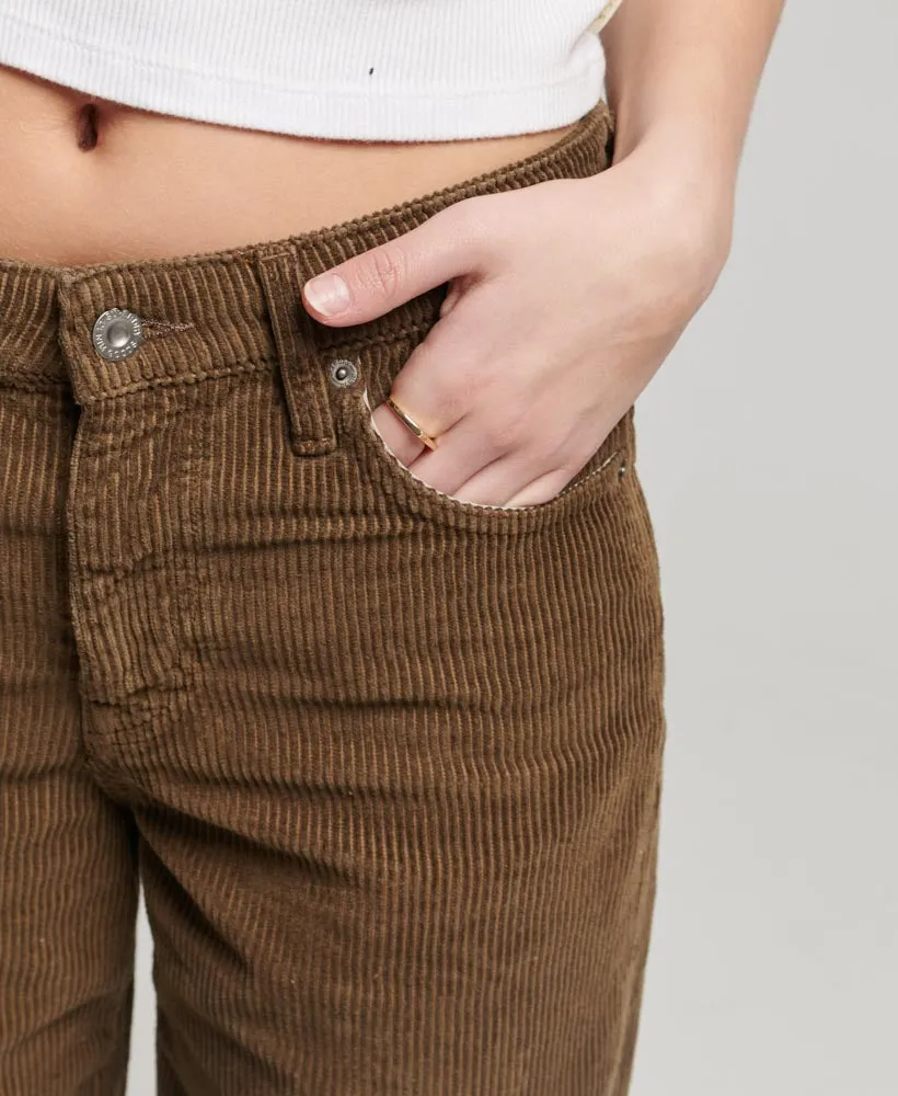 Mid rise wide leg corduroy pants, dark khaki.