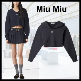 MiuMiu - Plain Cotton Logo Hoodies & Sweatshirts | V-Neck, Long Sleeves