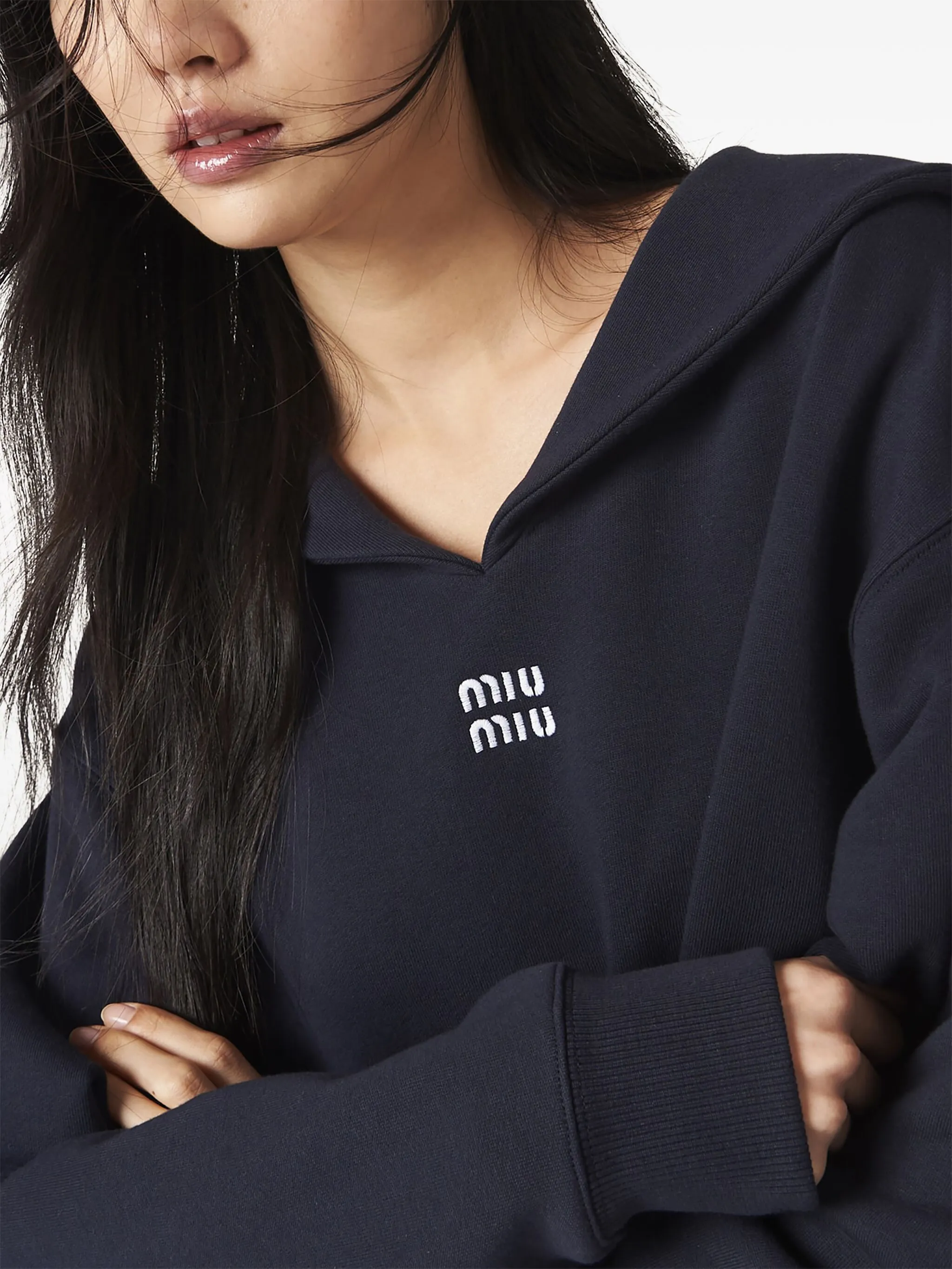 MiuMiu - Plain Cotton Logo Hoodies & Sweatshirts | V-Neck, Long Sleeves