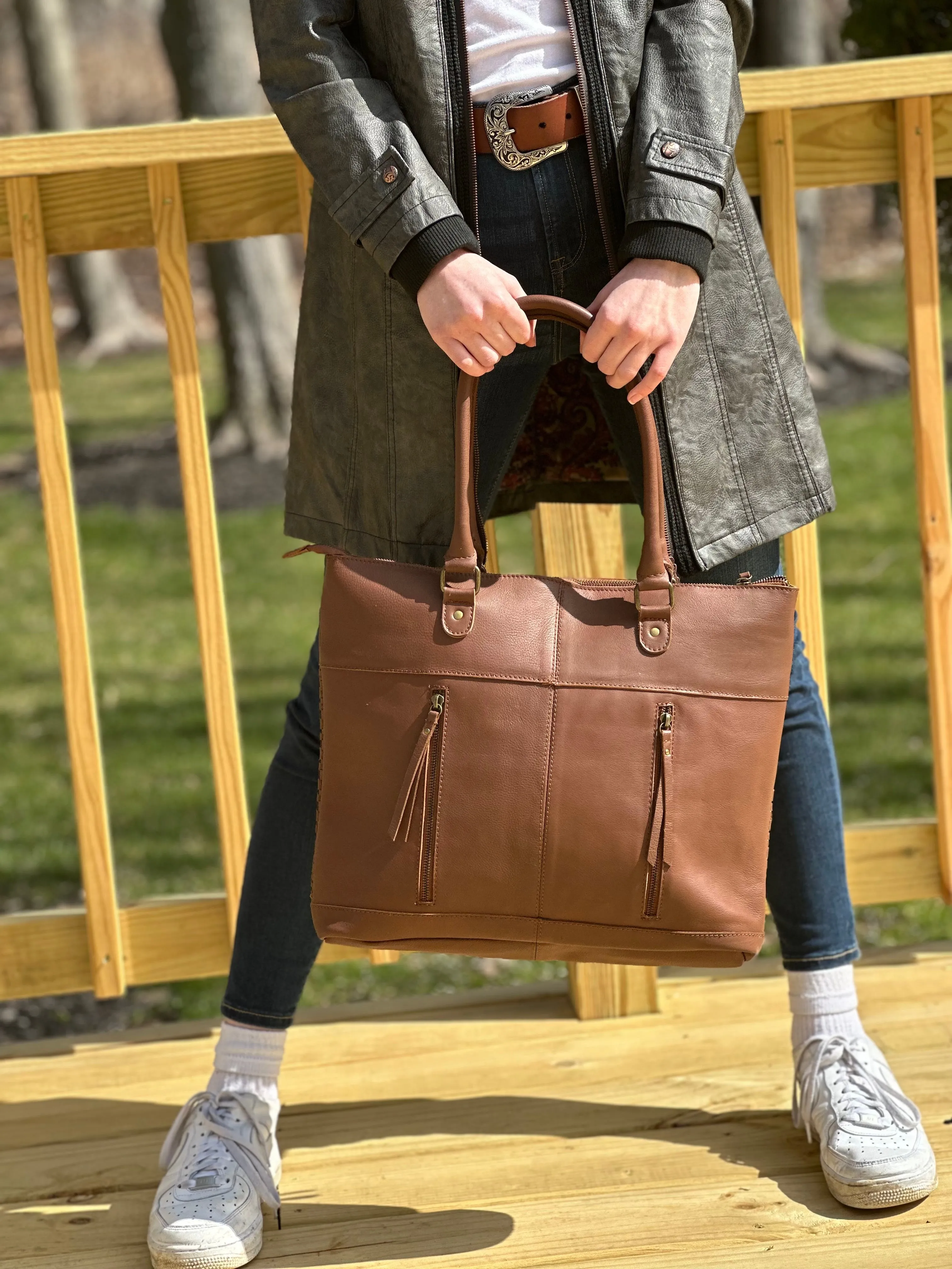 MontanaCo Pure Leather Weave Concealed Carry Tote Bag- Brown