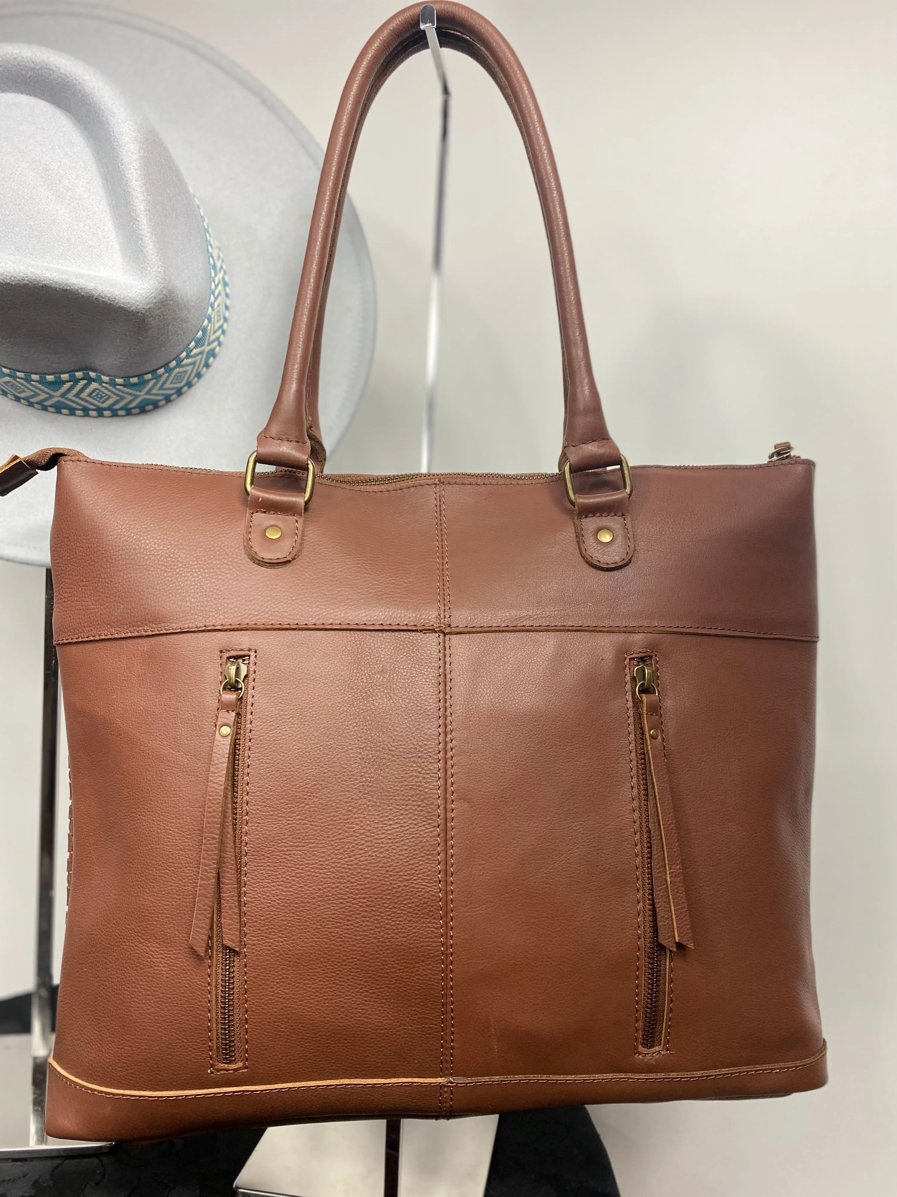 MontanaCo Pure Leather Weave Concealed Carry Tote Bag- Brown