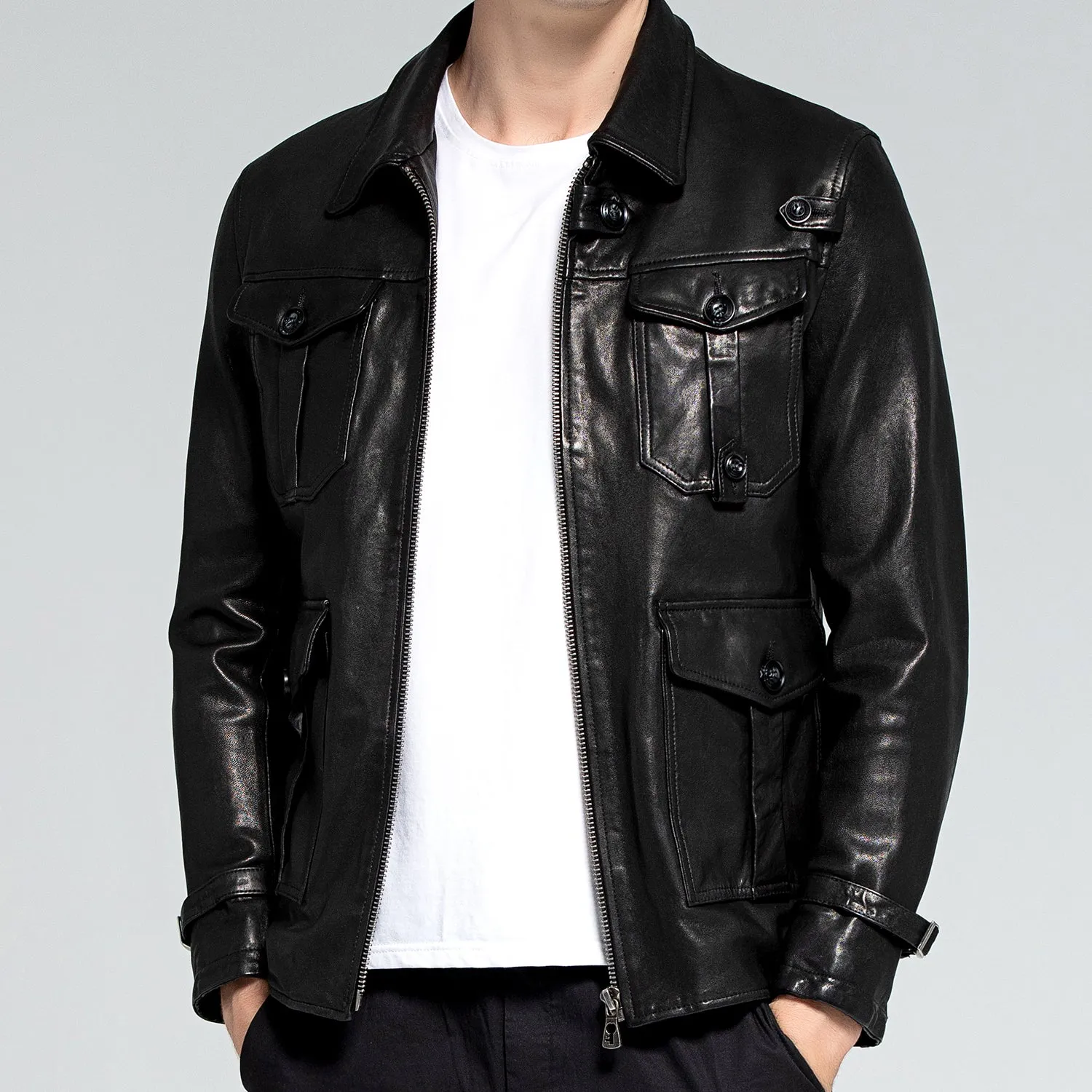 Motorcycle Jacket – Men's black leather grained cowhide jacket