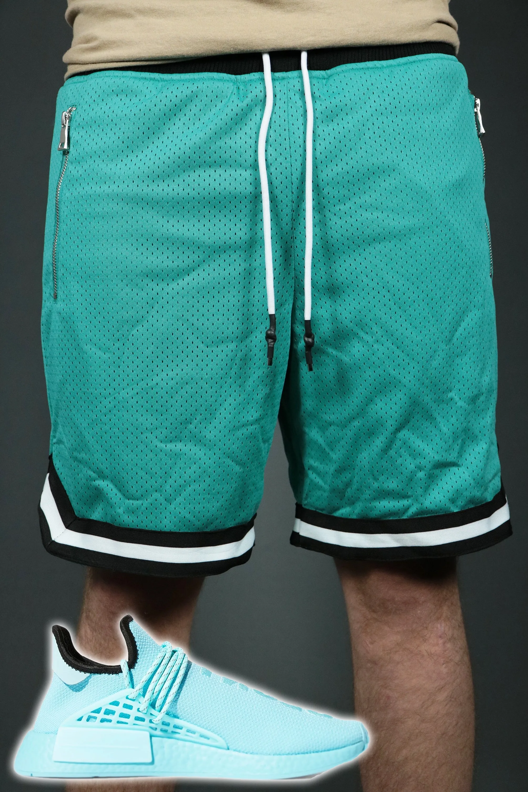 NMD Hu Aqua Colorway San Antonio Aqua Zipper Shorts | Men's Mesh Basketball Shorts