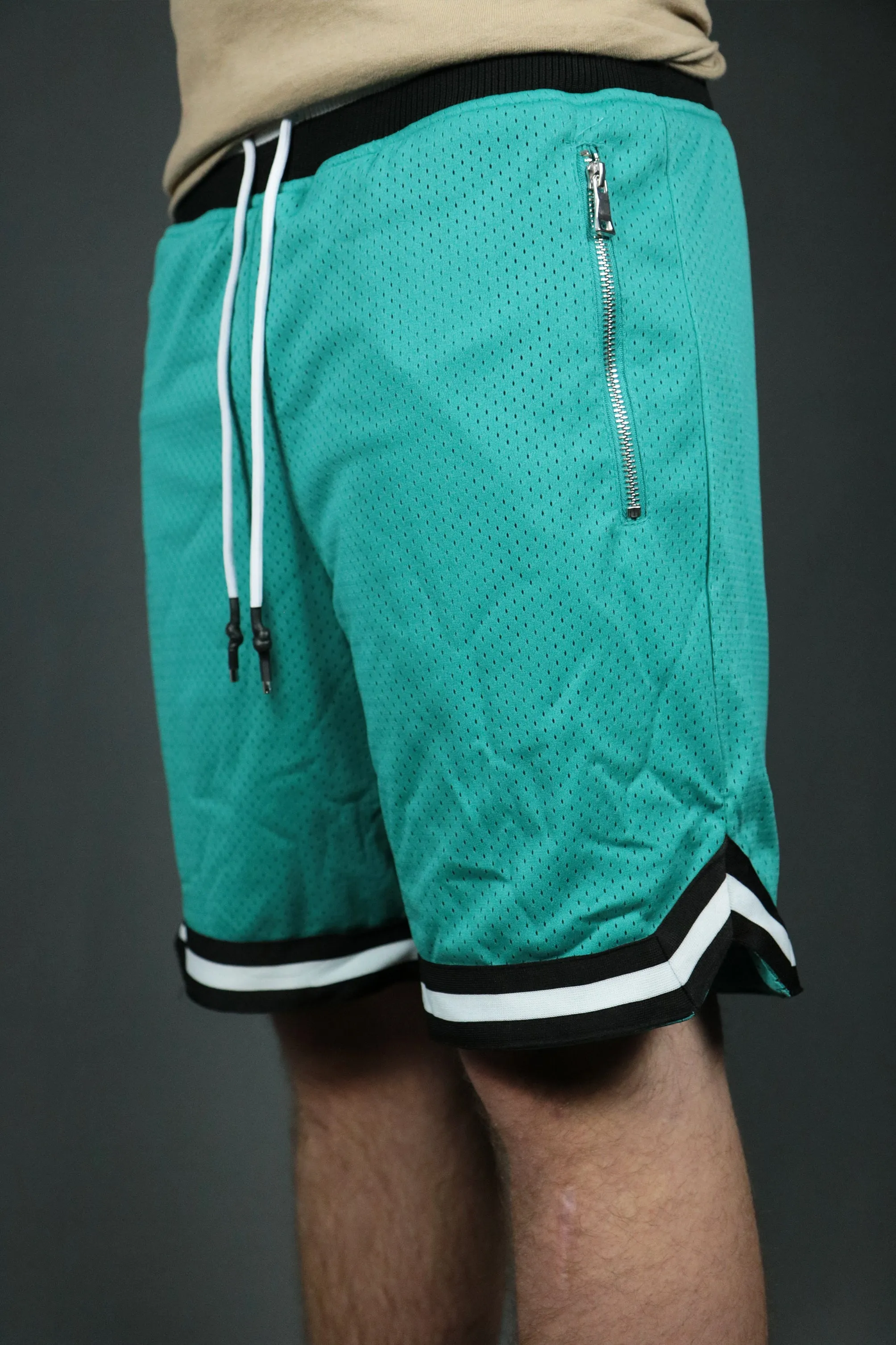 NMD Hu Aqua Colorway San Antonio Aqua Zipper Shorts | Men's Mesh Basketball Shorts