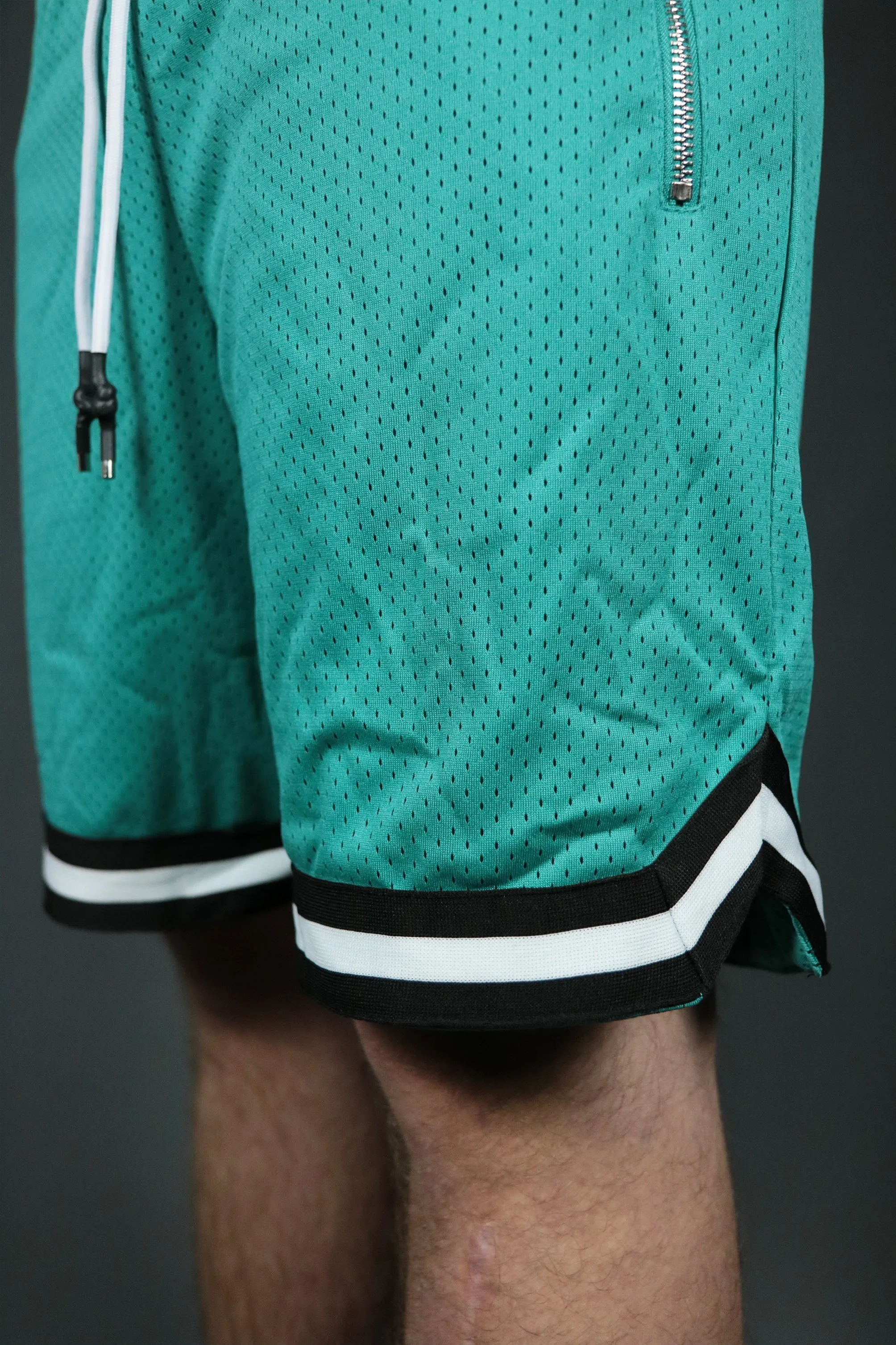 NMD Hu Aqua Colorway San Antonio Aqua Zipper Shorts | Men's Mesh Basketball Shorts