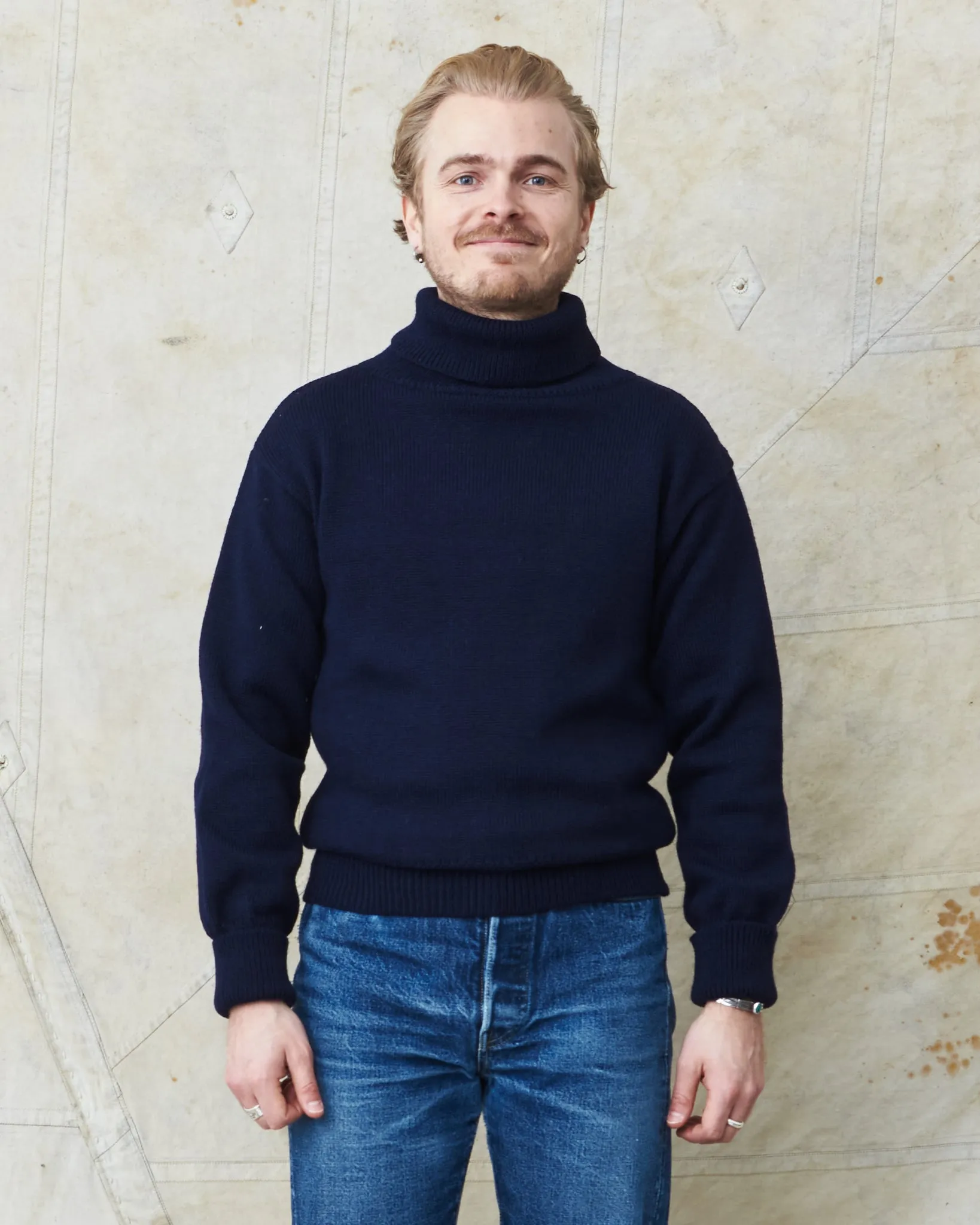 North Sea Clothing The Submariner Roll Neck Wool Sweater Navy