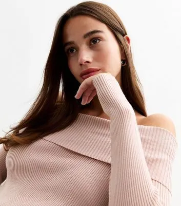 Pink Rib Knit Foldover Bardot Jumper New Look