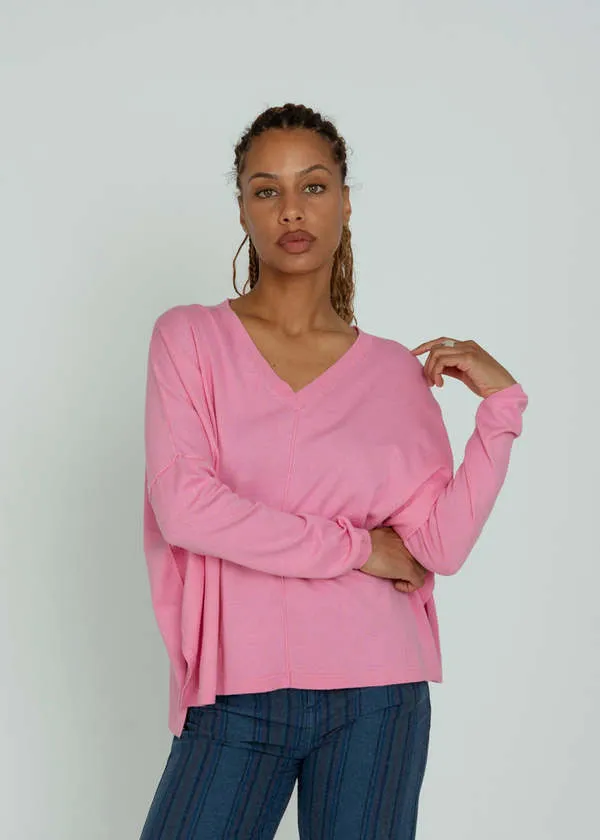 Relaxed V-Neck Sweater - Raspberry