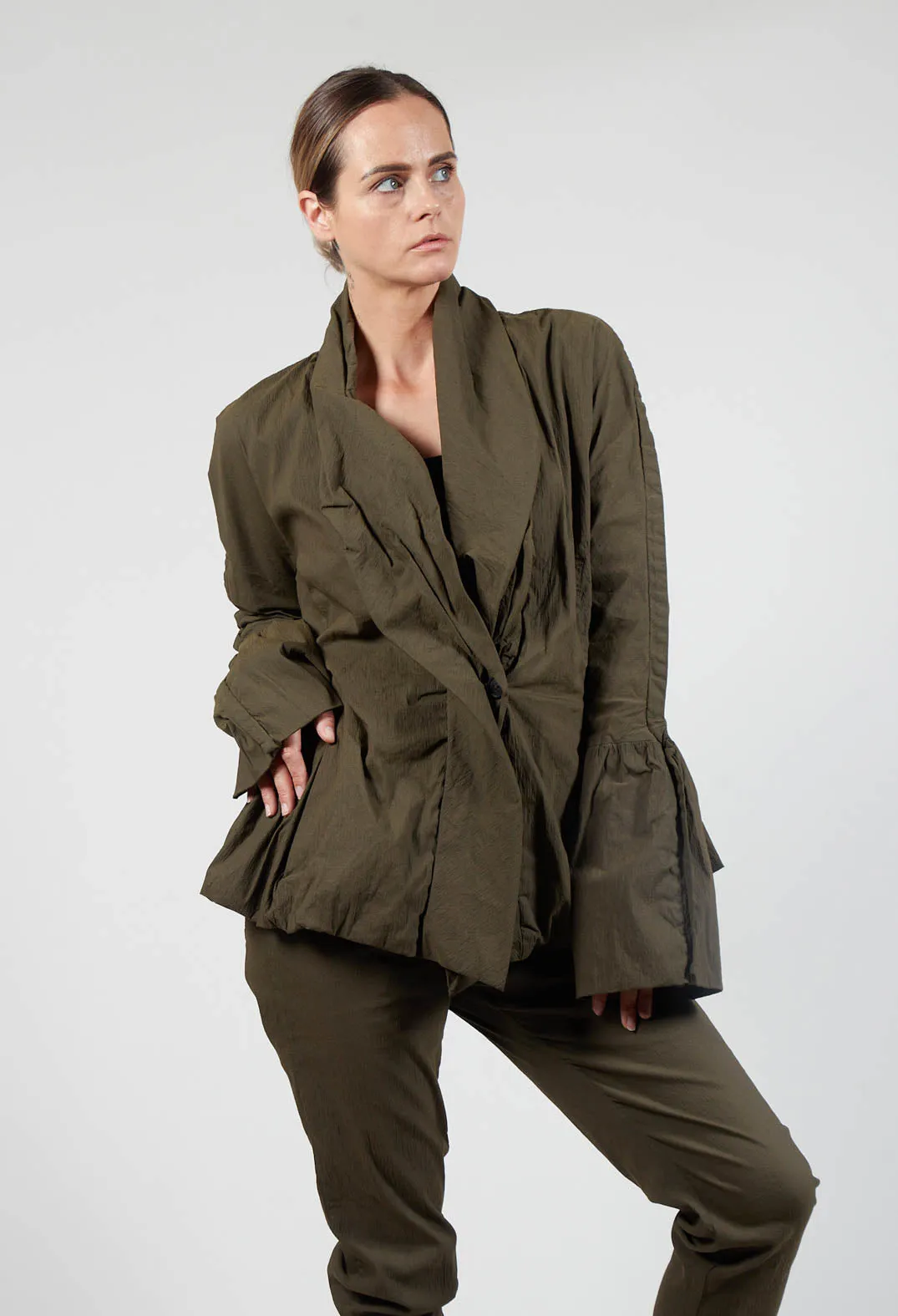 Ruched Collar Jacket With Statement Sleeves - Khaki