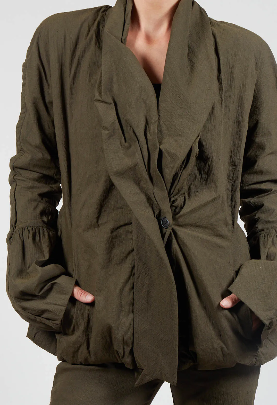 Ruched Collar Jacket With Statement Sleeves - Khaki