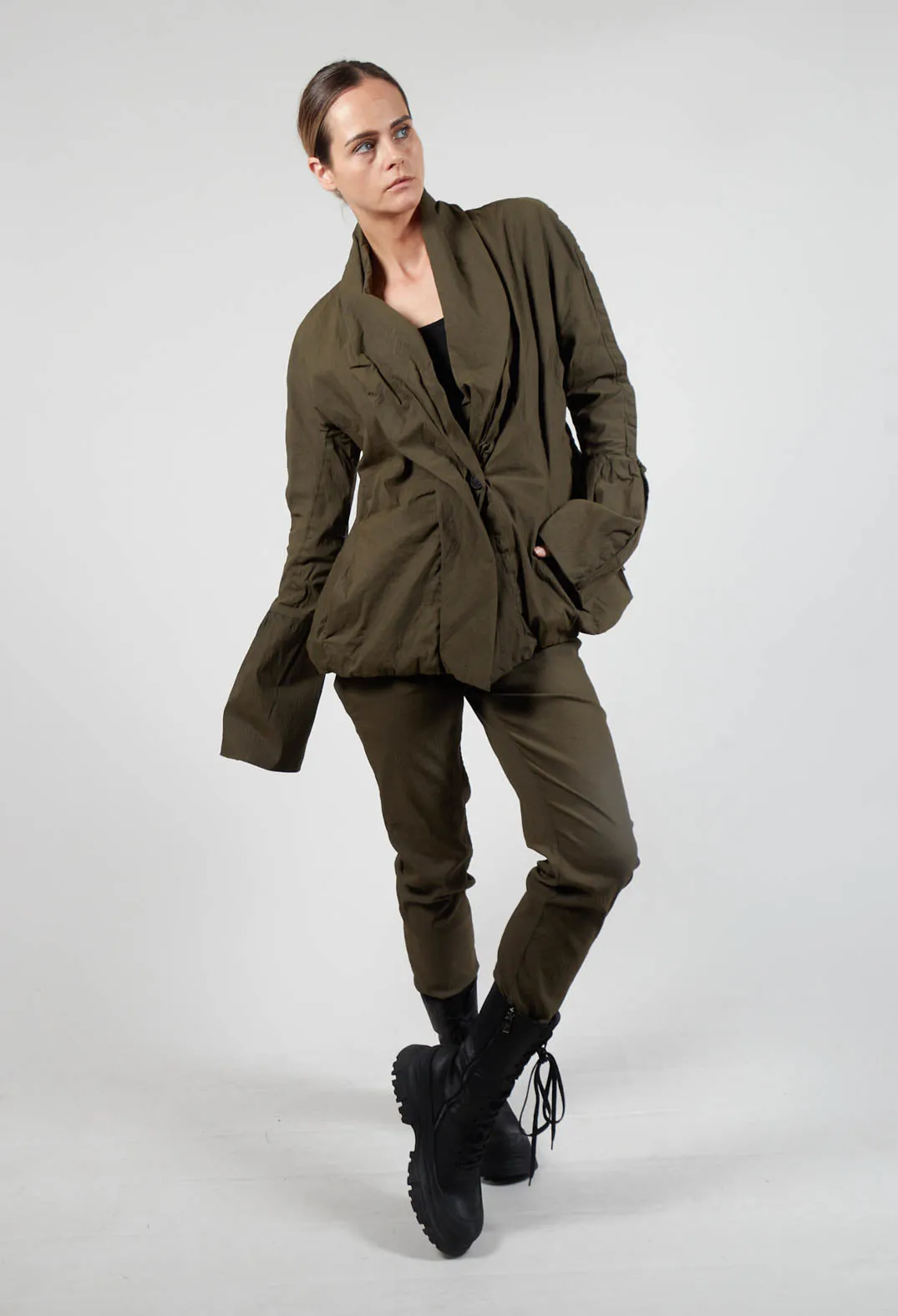 Ruched Collar Jacket With Statement Sleeves - Khaki