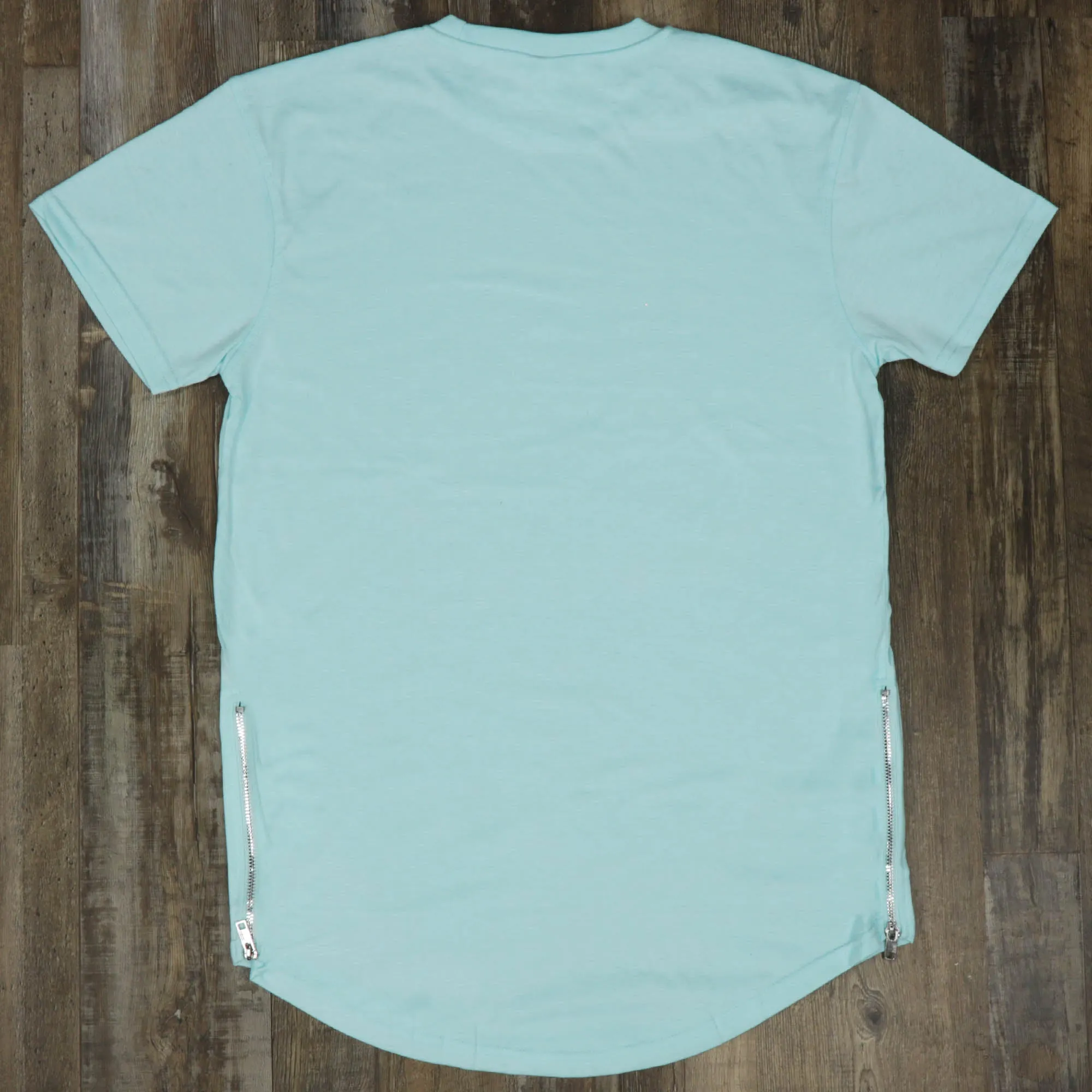 Scallop Hem Curved Bottom Extended Men's Streetwear T-Shirt with Side Zippers - Pastel Turquoise