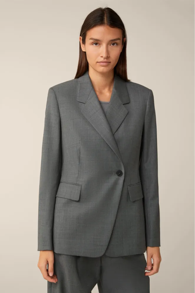 Schurwolle-Long Blazer in Grau Meliert