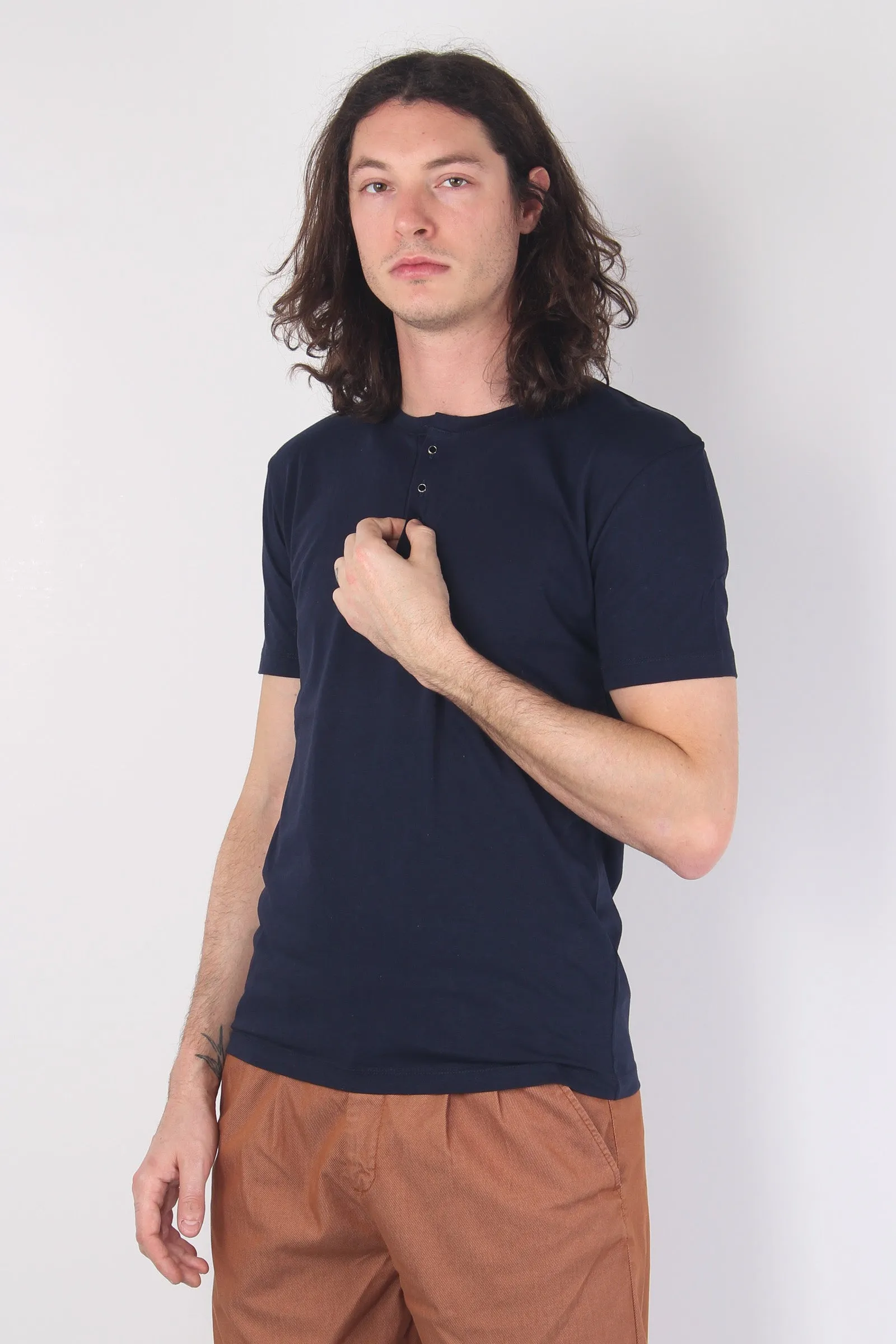 Serafino Cotone Mc Blu Navy - Cotton Blend Navy Blue Shirt.