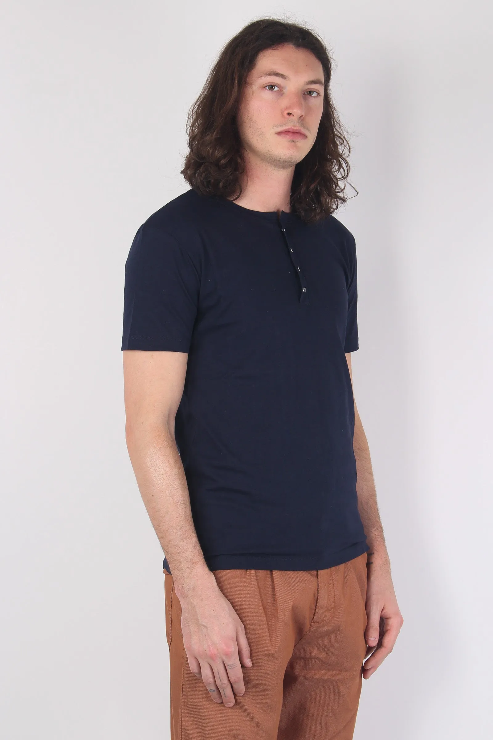 Serafino Cotone Mc Blu Navy - Cotton Blend Navy Blue Shirt.