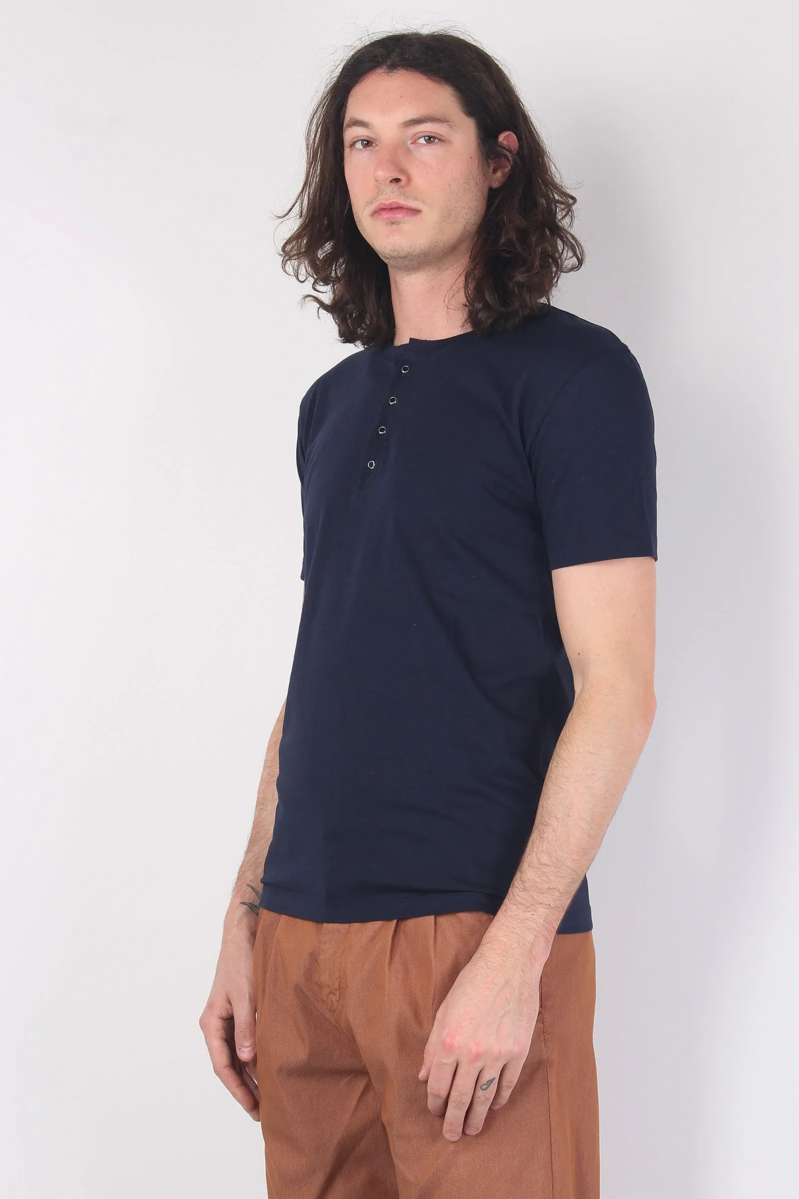 Serafino Cotone Mc Blu Navy - Cotton Blend Navy Blue Shirt.