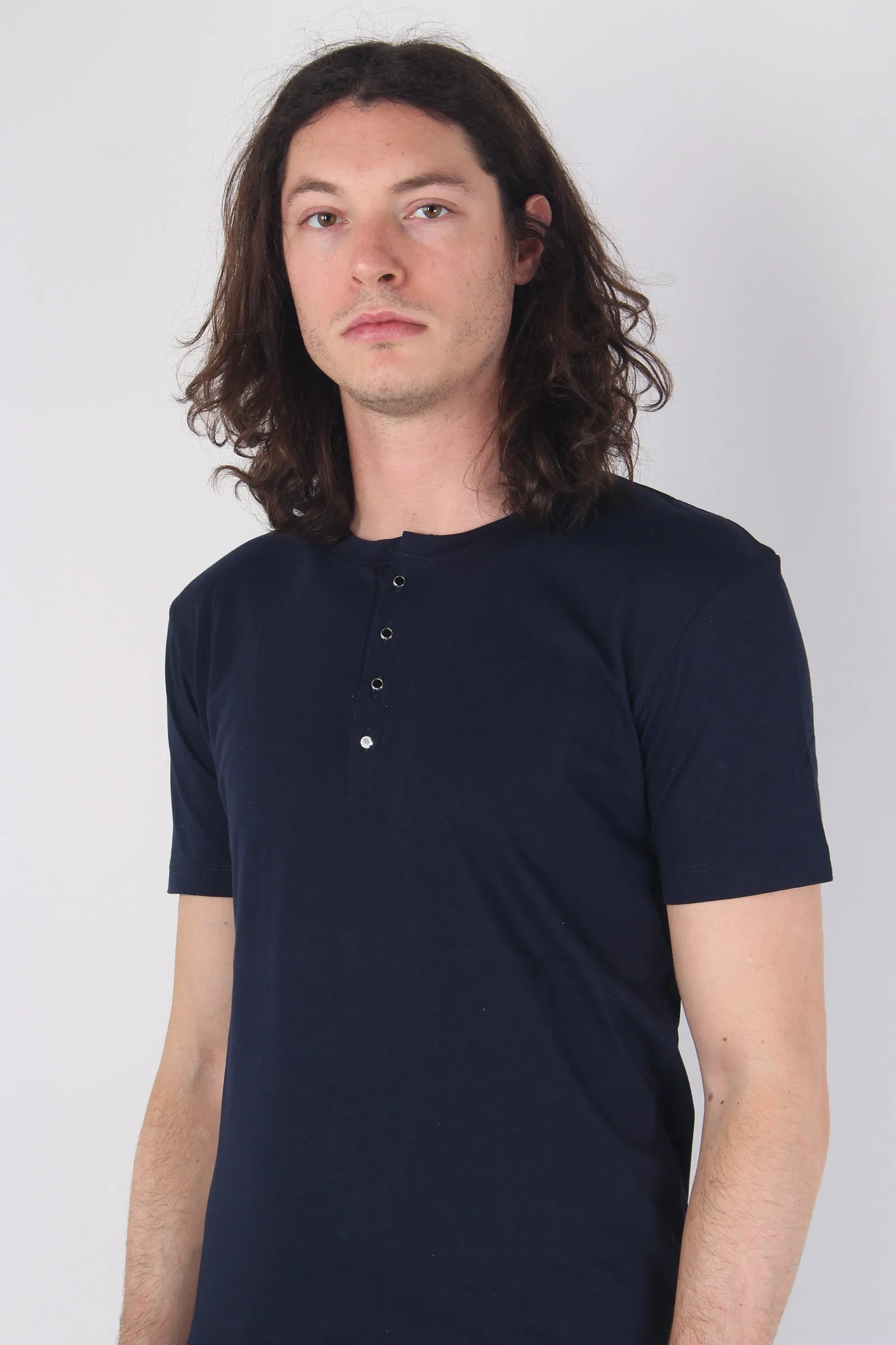 Serafino Cotone Mc Blu Navy - Cotton Blend Navy Blue Shirt.