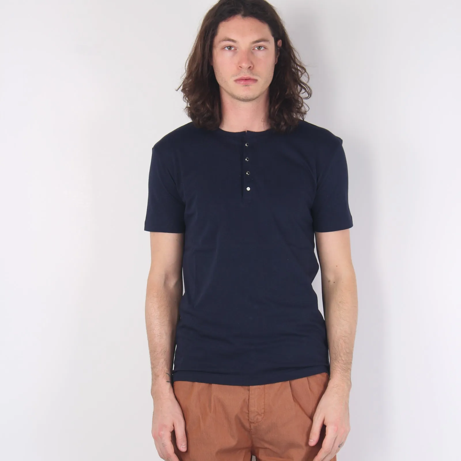 Serafino Cotone Mc Blu Navy - Cotton Blend Navy Blue Shirt.