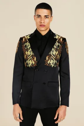 Slim Satin Embroidered Double Breasted Blazer