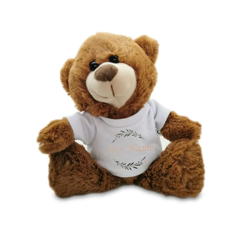 Soft Dark Brown Teddy Bear with Customizable T-shirt and Wreath Design