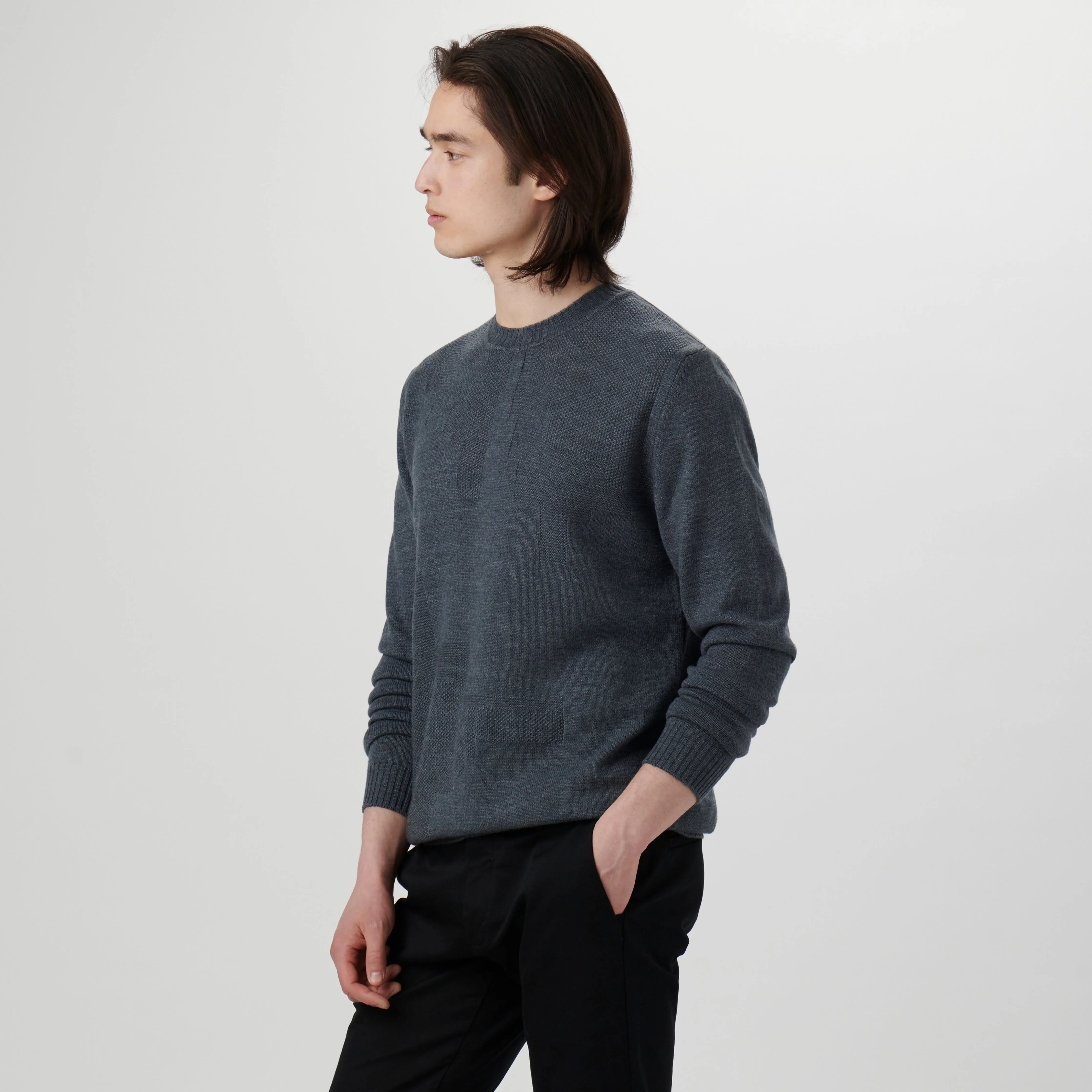 Solid Jacquard Crew Neck Sweater