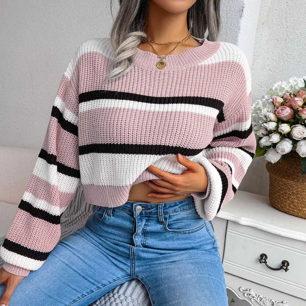 Striped Long Sleeves Cropped Sweater