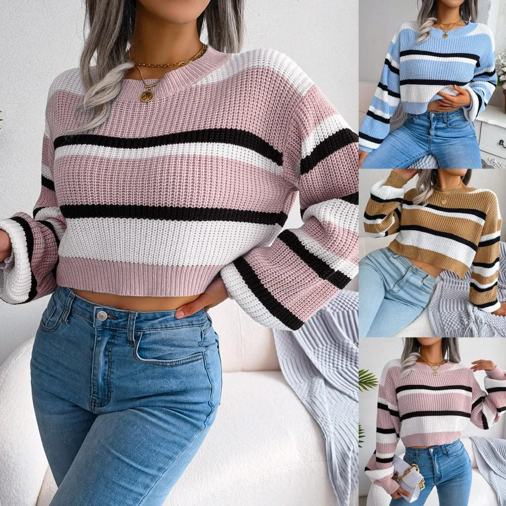 Striped Long Sleeves Cropped Sweater