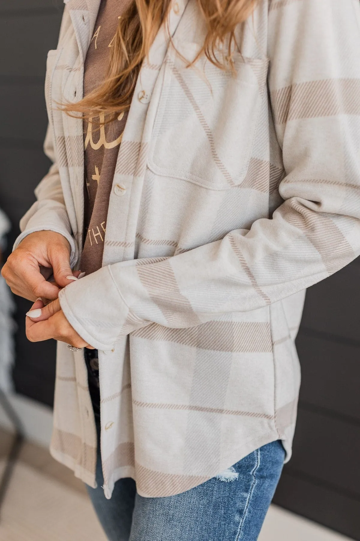 Thread & Supply Plaid Shirt Jacket Light Taupe.