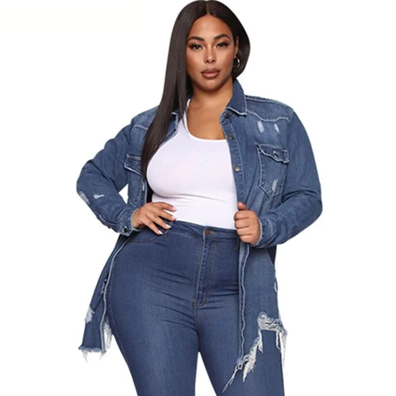 Vintage Ripped Jeans Jacket for Women - Casual Long Sleeve Streetwear