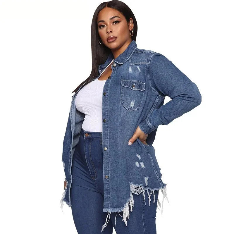 Vintage Ripped Jeans Jacket for Women - Casual Long Sleeve Streetwear