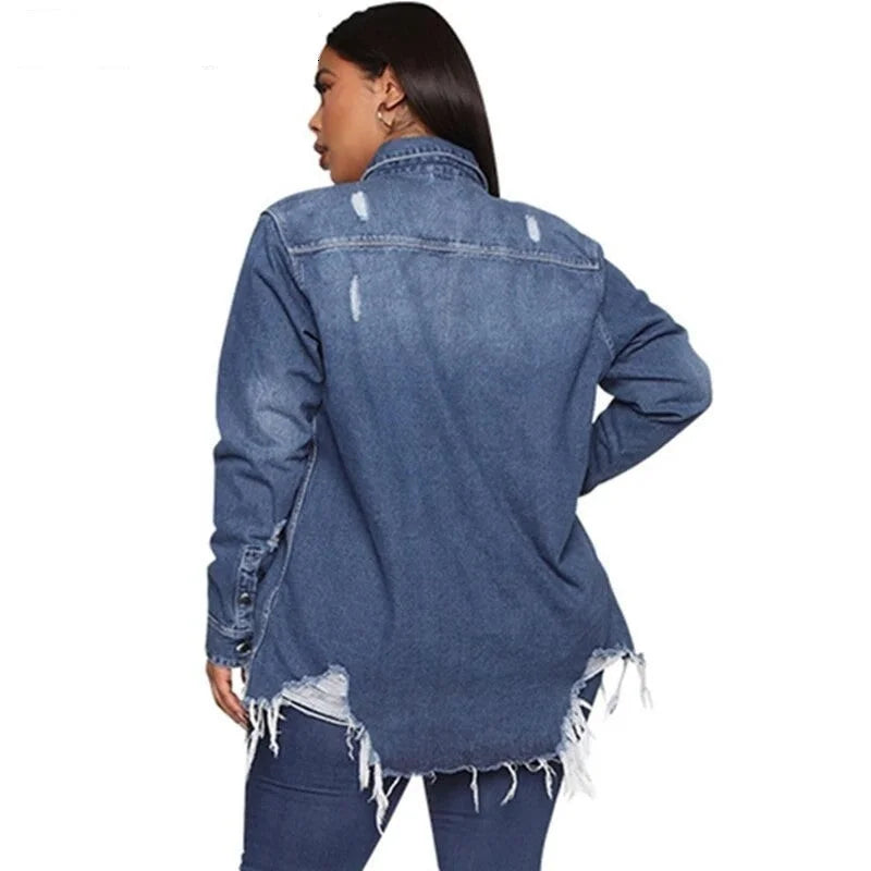 Vintage Ripped Jeans Jacket for Women - Casual Long Sleeve Streetwear