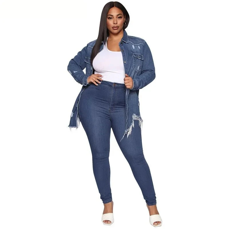 Vintage Ripped Jeans Jacket for Women - Casual Long Sleeve Streetwear