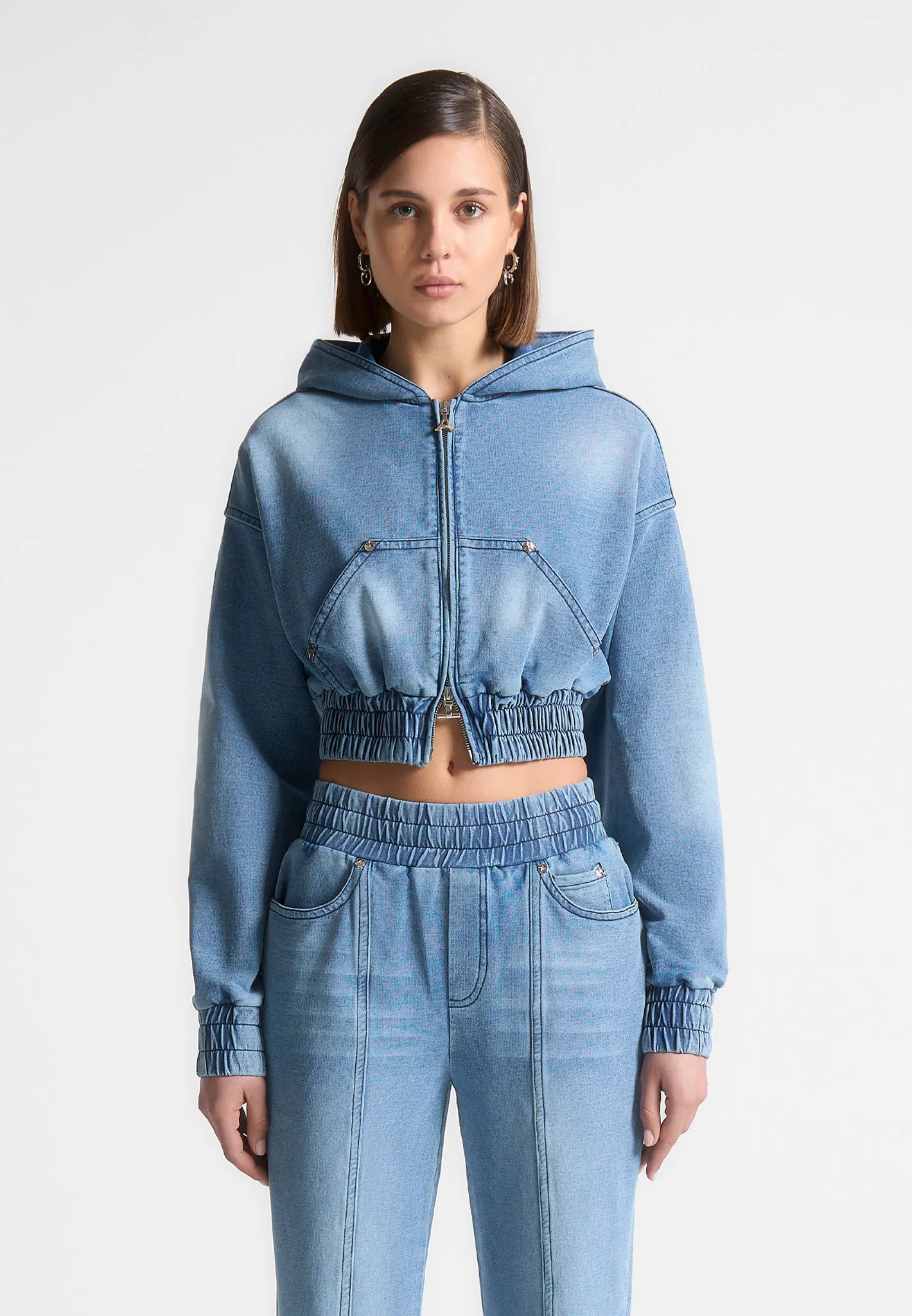 Washed Denim Jersey Hoodie - Mid Blue