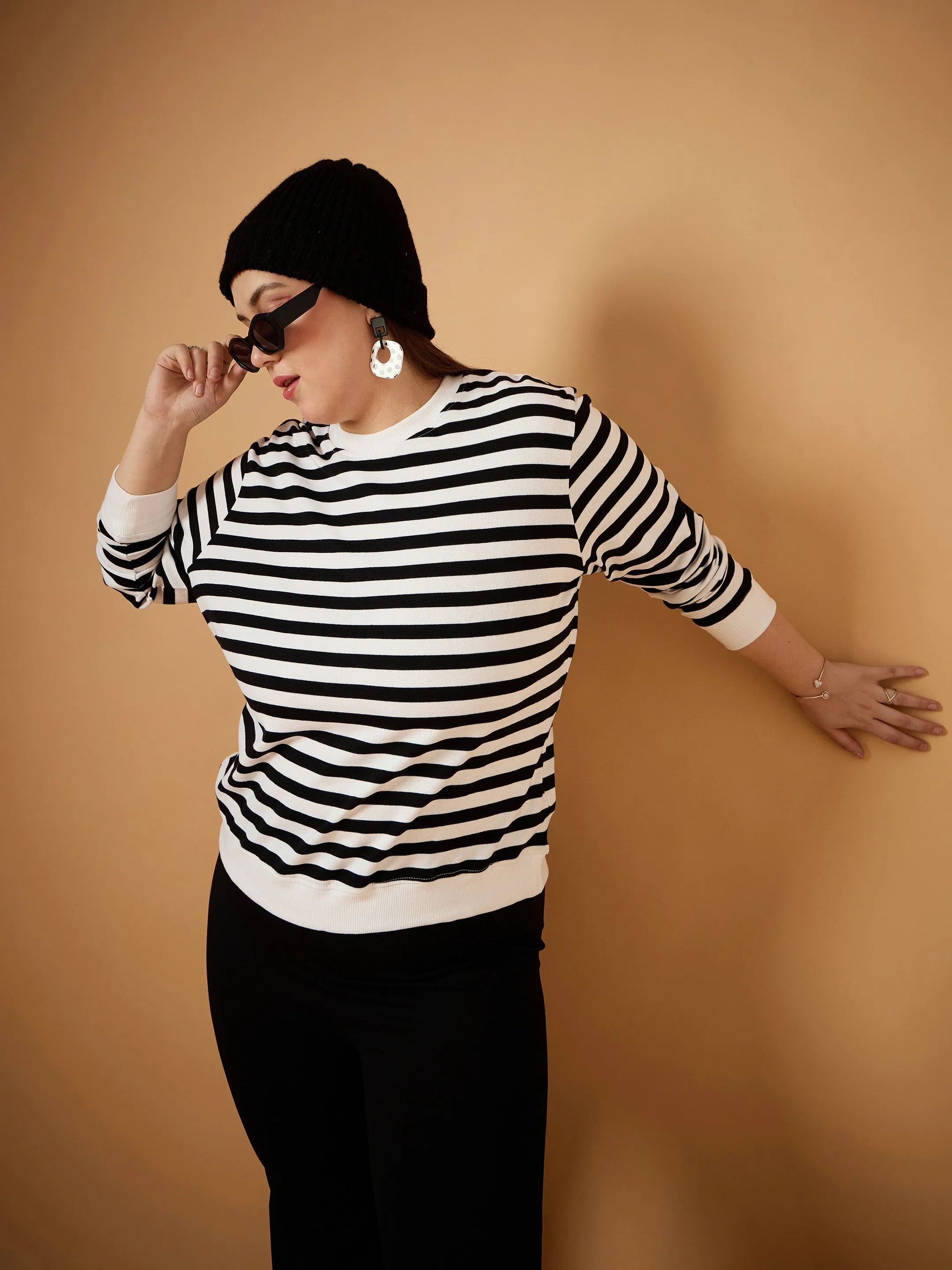 Women Black & White Striped Full Sleeves Sweater