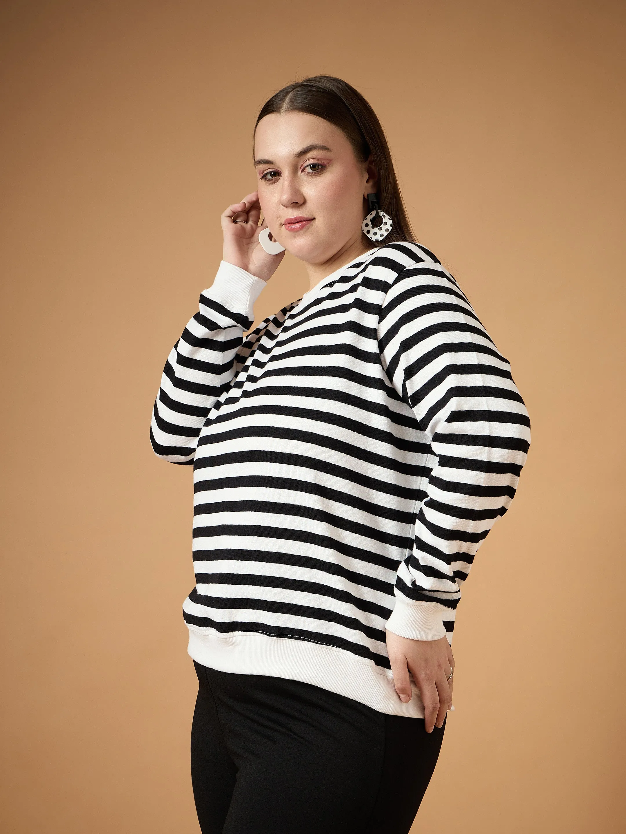 Women Black & White Striped Full Sleeves Sweater