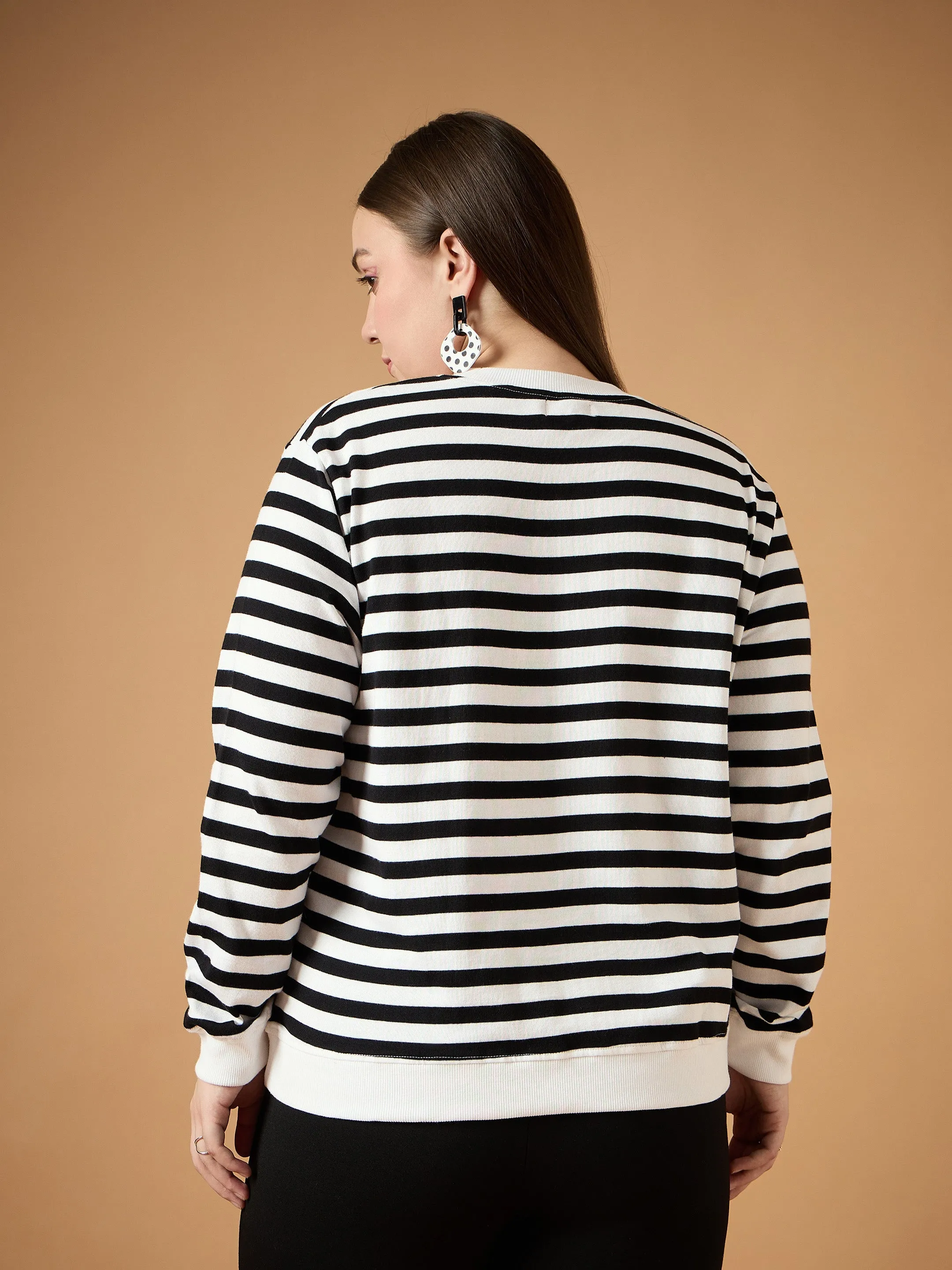 Women Black & White Striped Full Sleeves Sweater