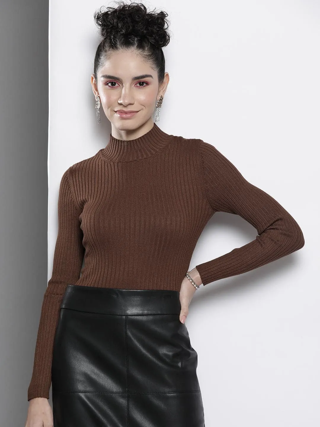 Women Brown Rib High Neck Full Sleeves Sweater