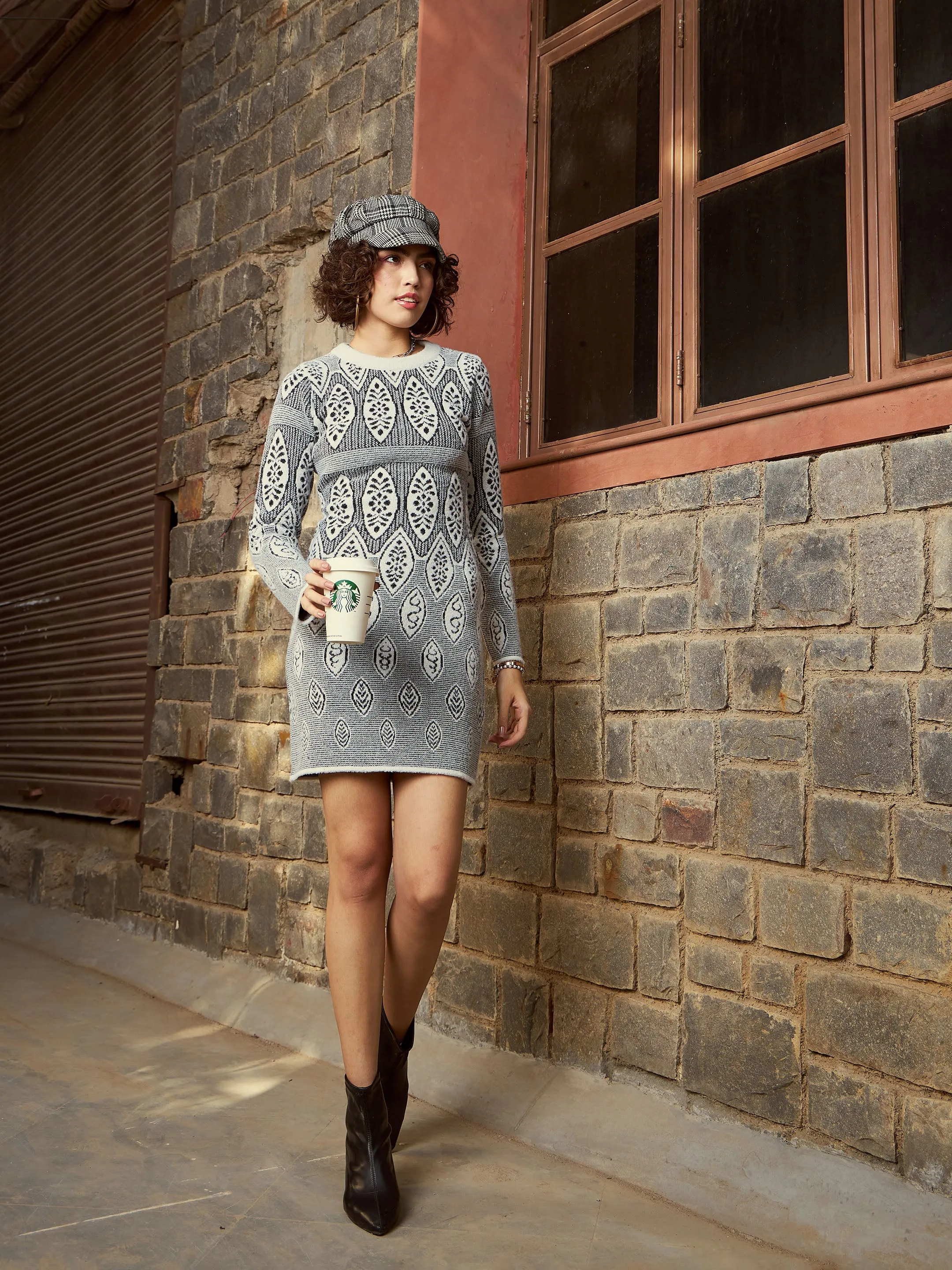 Women Grey & Black Geo Woolen Sweater Dress