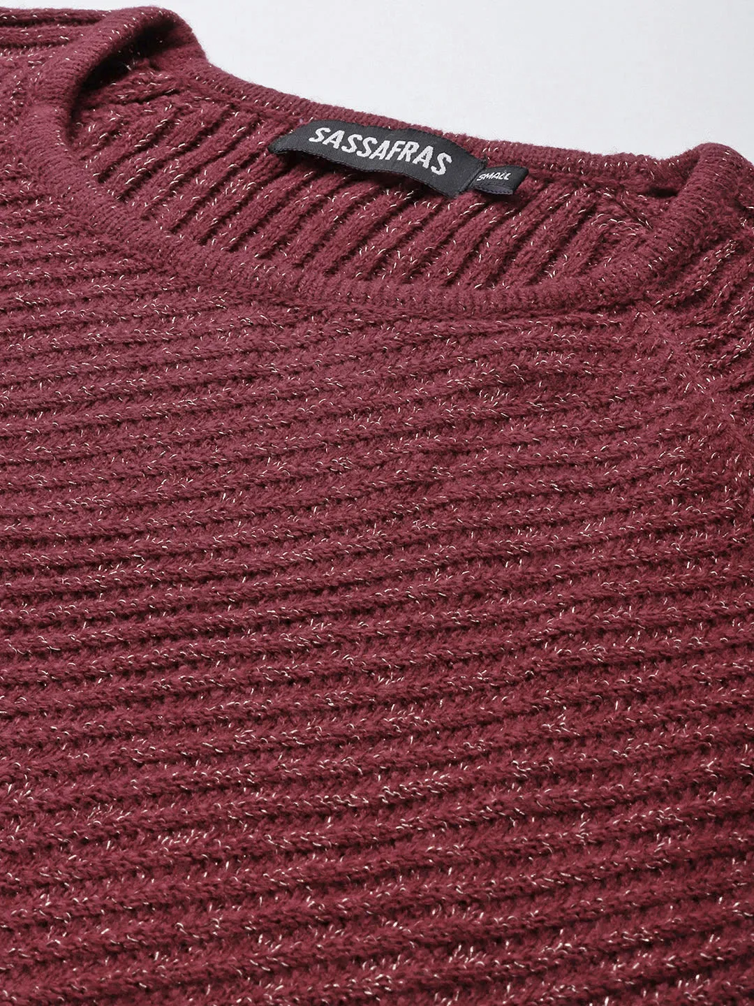 Women Maroon Rib Knit Round Neck Full Sleeves Sweater