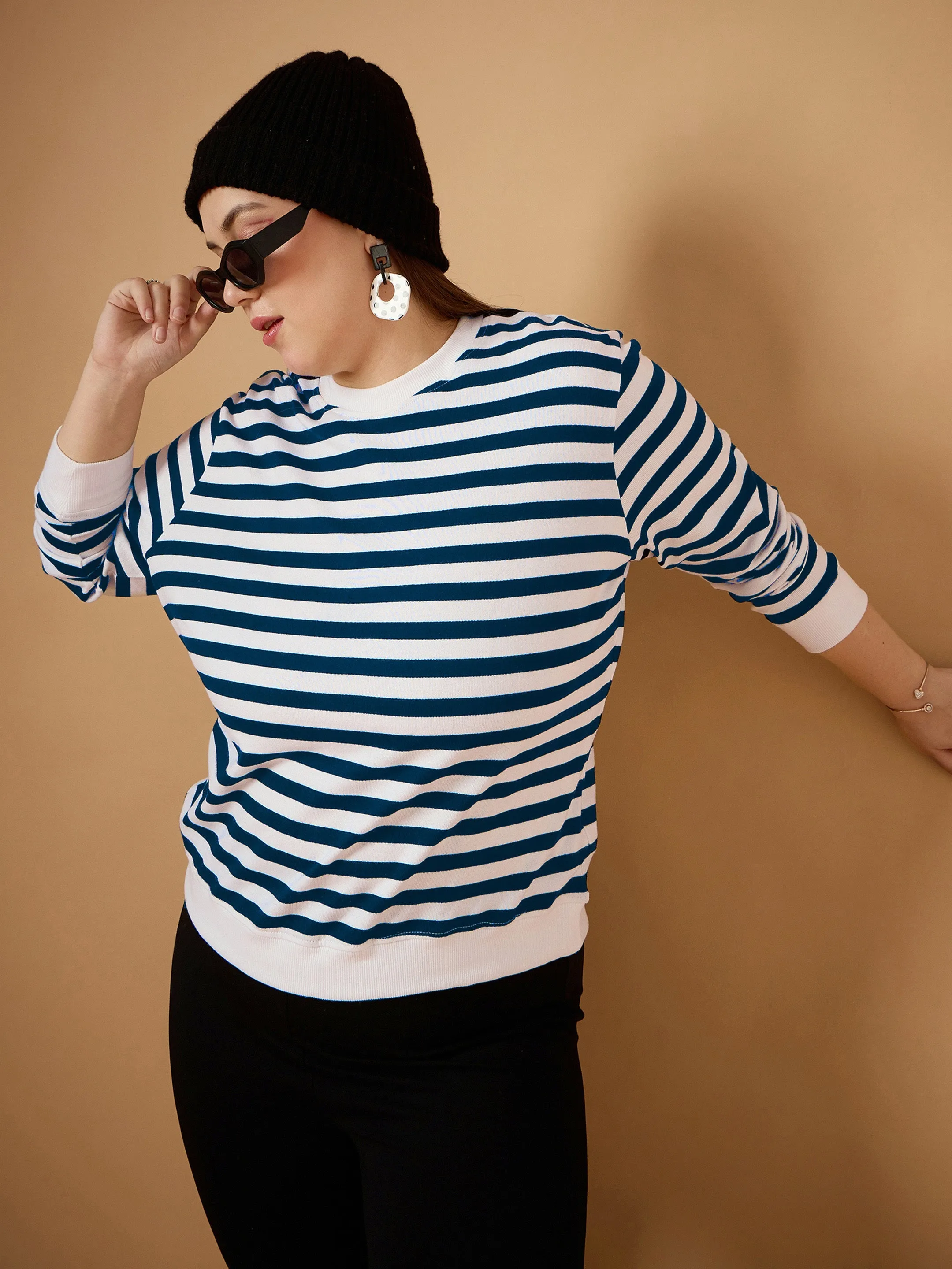 Women Navy & White Striped Full Sleeves Sweater