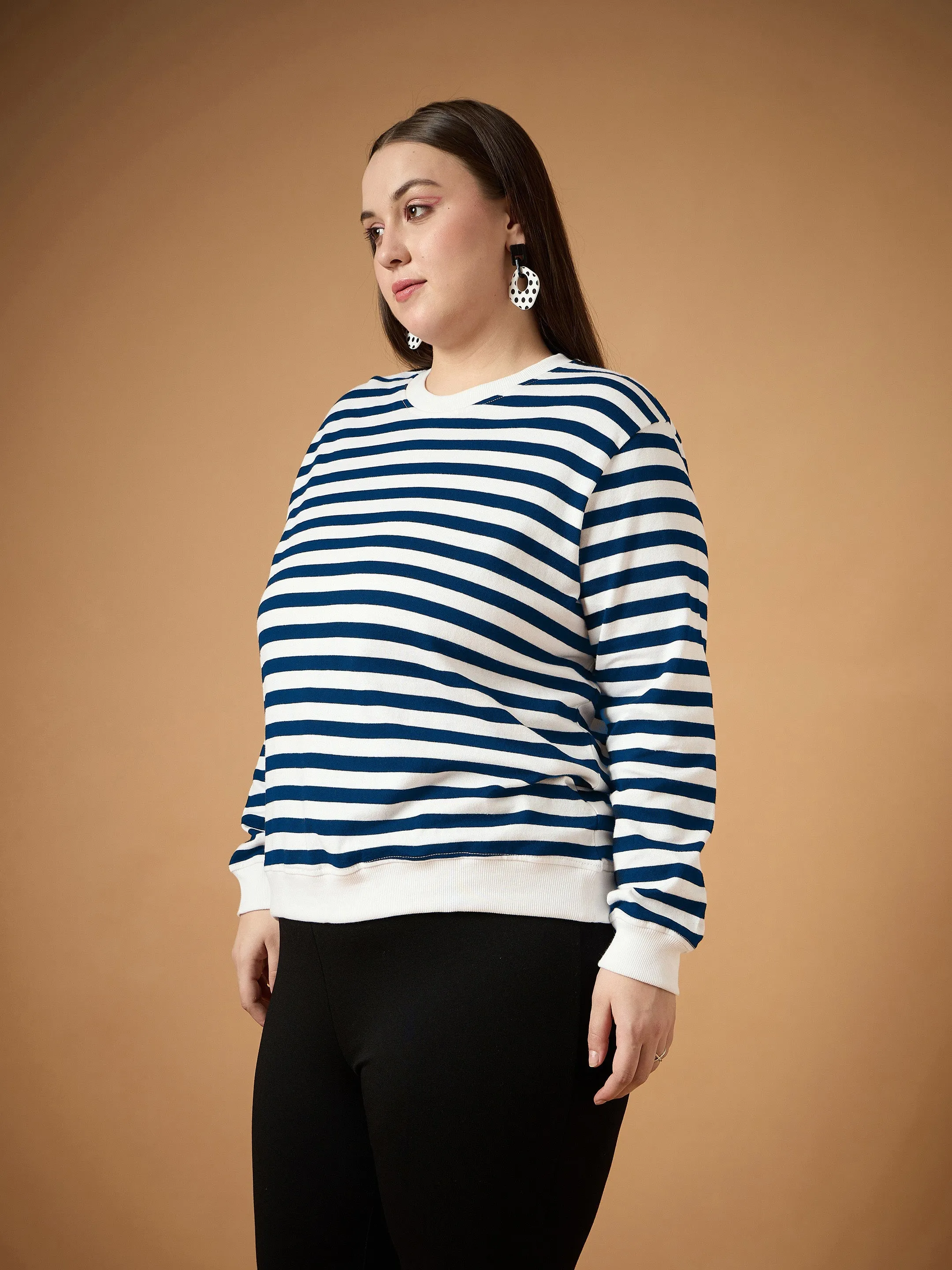 Women Navy & White Striped Full Sleeves Sweater