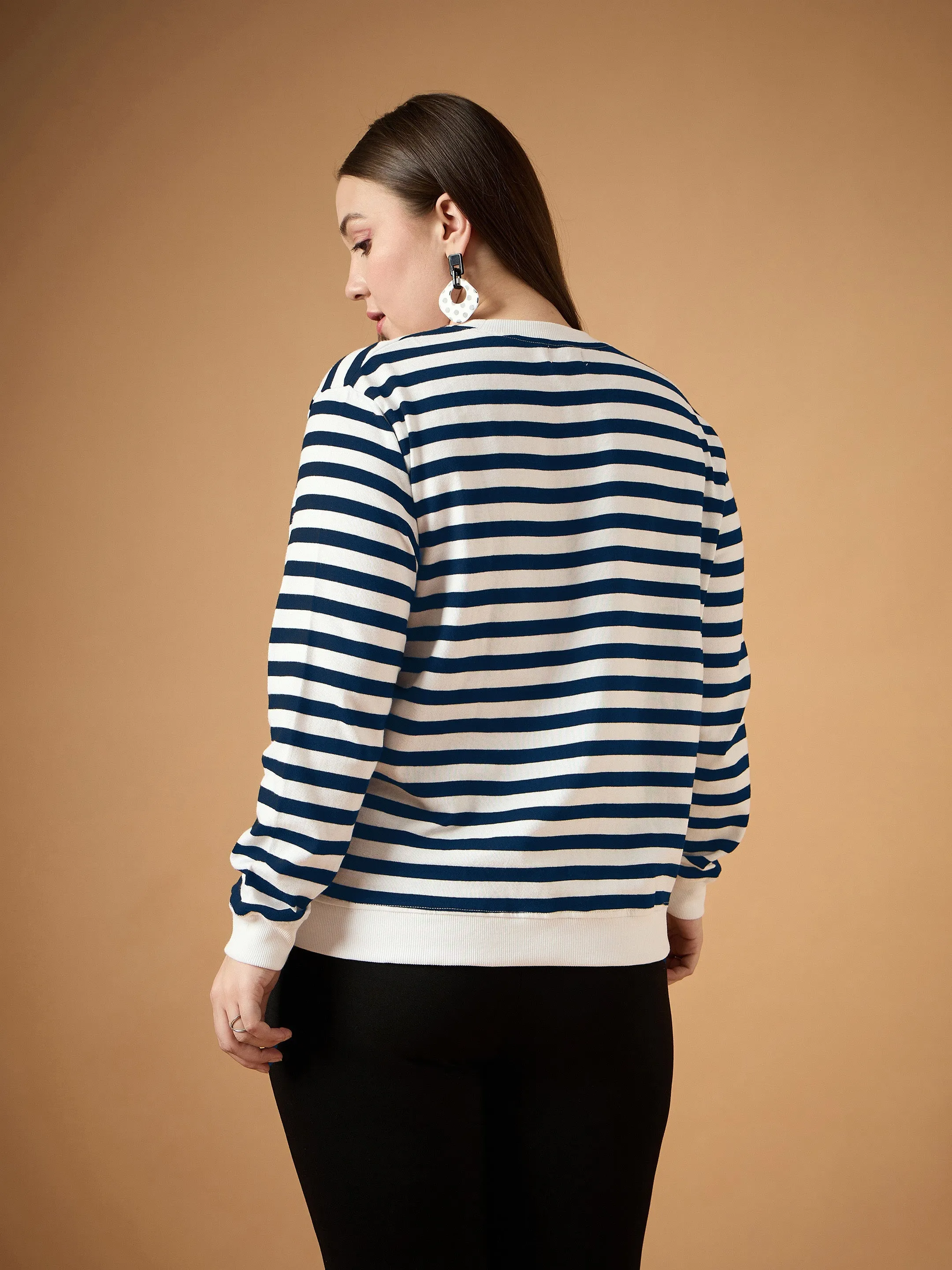 Women Navy & White Striped Full Sleeves Sweater