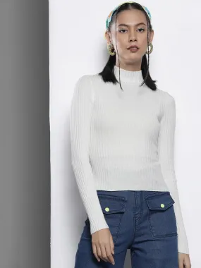 Women White Rib High Neck Full Sleeves Sweater