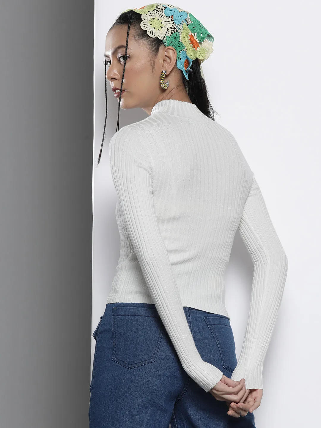 Women White Rib High Neck Full Sleeves Sweater