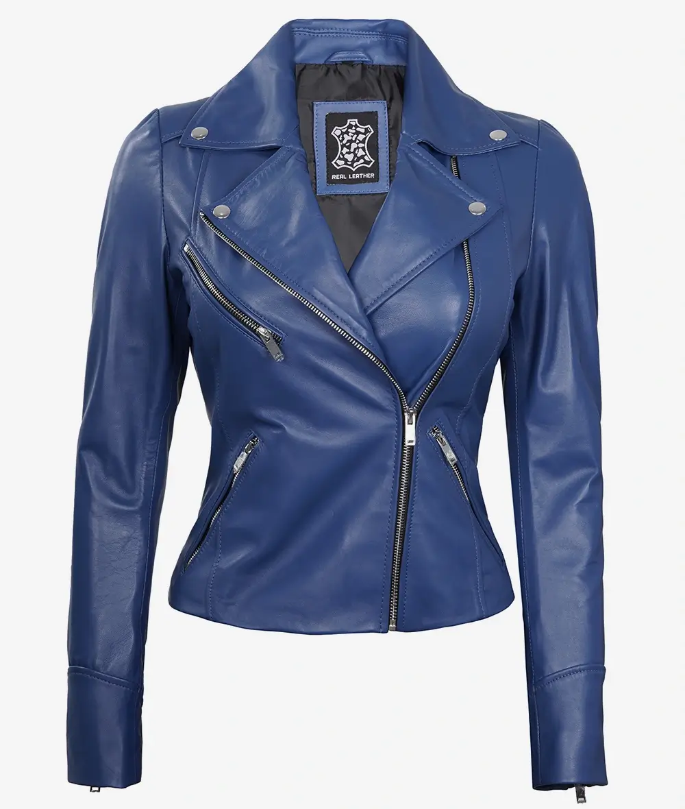 Womens Real Lambskin Leather Blue Moto Jacket