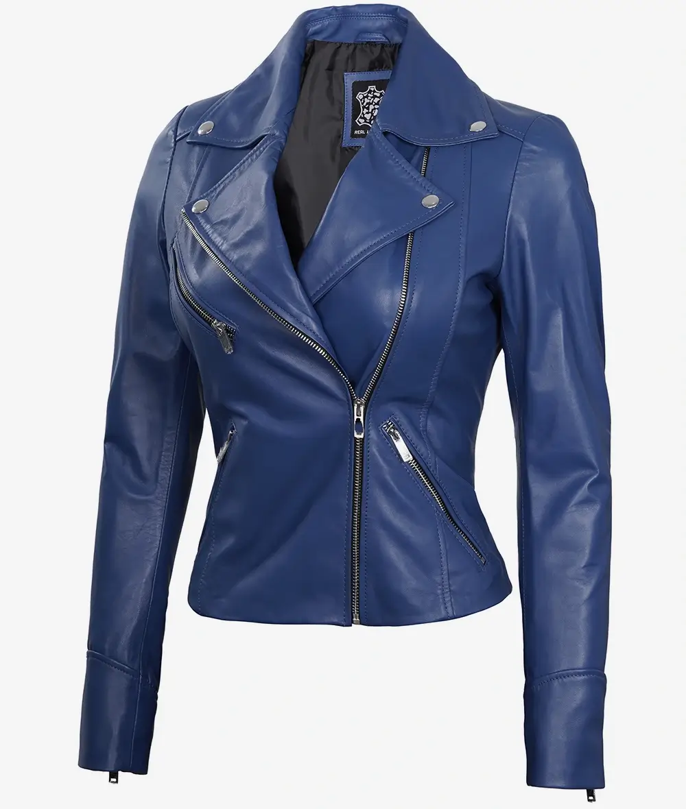 Womens Real Lambskin Leather Blue Moto Jacket