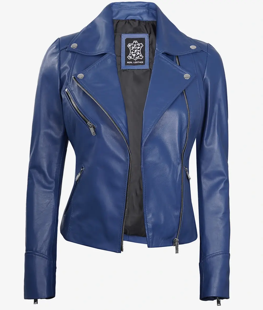 Womens Real Lambskin Leather Blue Moto Jacket