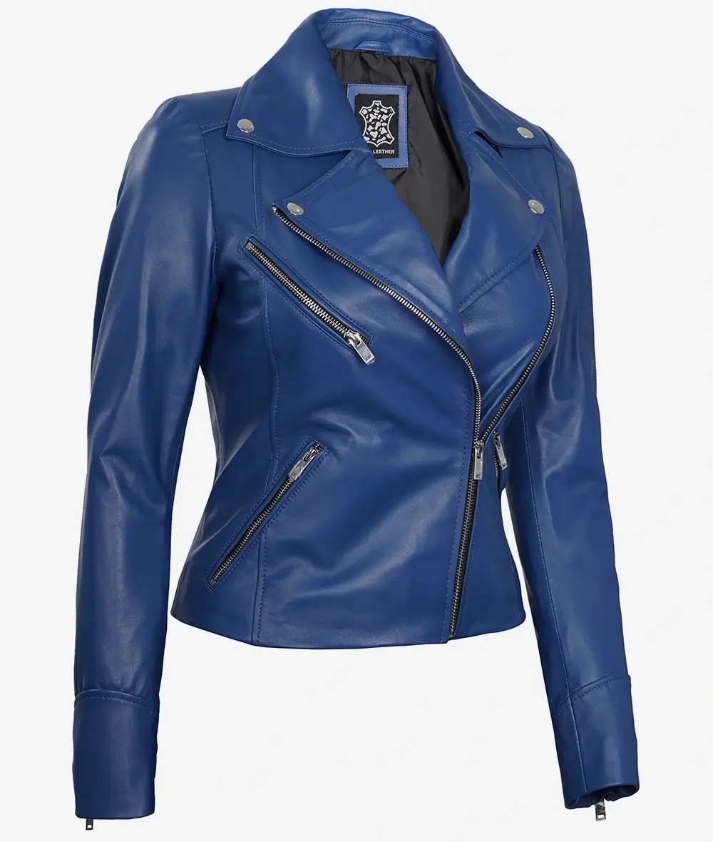 Womens Real Lambskin Leather Blue Moto Jacket